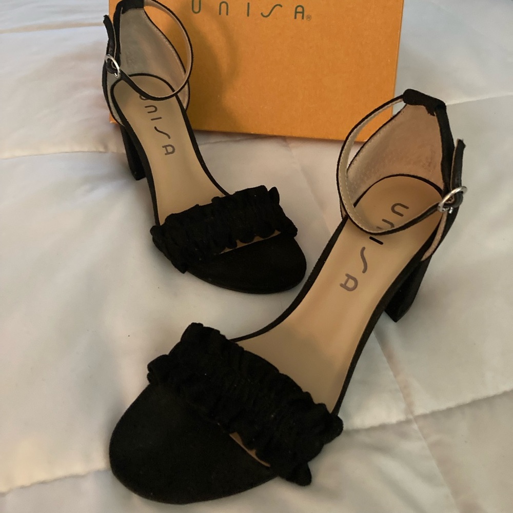 Unisa Black Faux Suede Fabric Open Toe Dress Heels